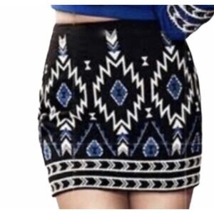 DIVIDED H&M Skirt 6 Black Linen Beaded Lined Cowgirl Aztec Western‎ Boho